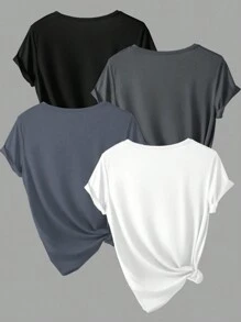 INAWLY 4 chiếc áo thun tay ngắn màu trơn thường ngày cho nữ - Nhiều màu - Xem 2