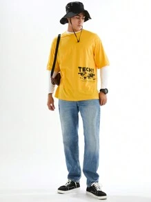 Manfinity VCAY Camiseta de manga corta casual y suelta con estampado de mapa para hombres - Amarillo - Ver 4
