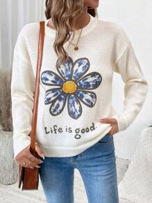 SHEIN LUNE 花卉字母图案圆领长袖毛衣，针织套头衫，秋冬款 - 白色 - 查看 8