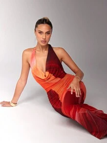 SHEIN BAE Váy Maxi hở lưng nhuộm loang cổ sâu cho nữ, mùa hè - Màu Đỏ Sâu - Xem 1