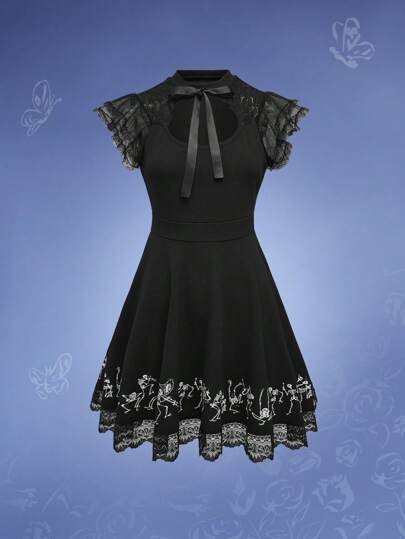 Corpse Bride | ROMWE 女式黑色撞色蕾丝骷髅印花系带连衣裙，镂空设计，适合万圣节