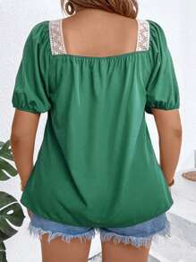 SHEIN Holidaya Áo sơ mi tay bồng cổ vuông ren tương phản cỡ lớn cho nữ, mùa hè - màu xanh lá - Xem 2