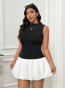 SHEIN EZwear Plus Size Women's Contrast Color Sleeveless Dress - Black and White - View 2
