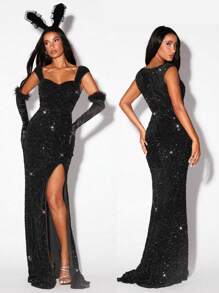 Zolique Robes de graduation à paillettes taille haute fendue queue de poisson robe longue élégante pour femmes, robe de soirée, robe de cérémonie, robe noire élégante pour tenue de fête, robe longue pour femmes - Noir - Voir 3