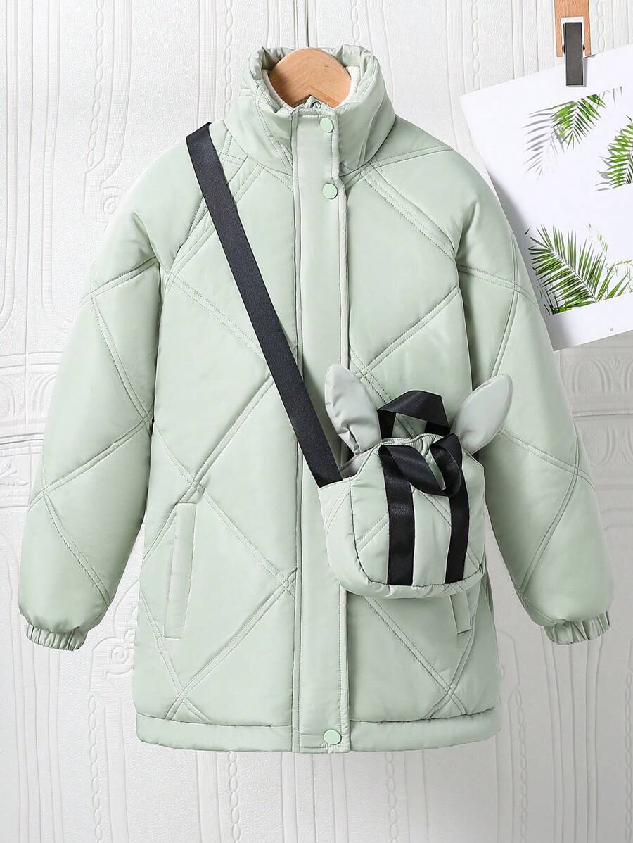 Tween Girl Korean Diamond Check Quilted Loose Padded Coat, Winter - Green - View 1
