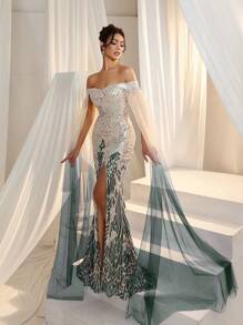 Off-The-Shoulder Sequin Mermaid Formal Dress, Elegant Formal Gown Suitable For Wedding Guests, Graduation Ceremonies, Galas And Other Formal Occasions - Dark Green - View 2