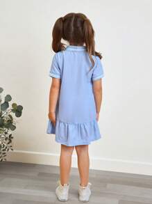 SHEIN Vestido de mezcla de colores con cuello alto cómodo y casual para niña joven con costilla de unicolor - Celeste - Ver 2