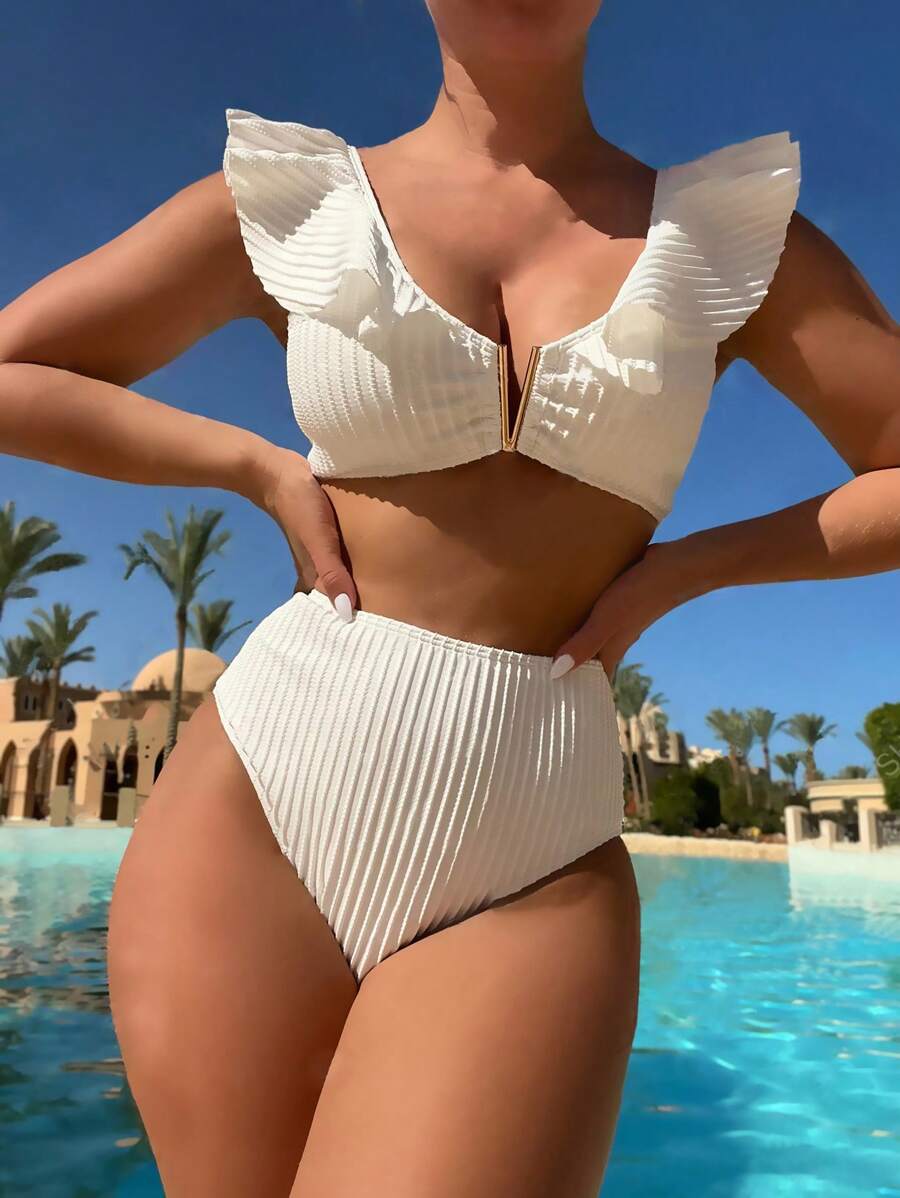 Swim Vcay Summer Beach Ruffle Trim High Waisted Bikini Set - White - View 1