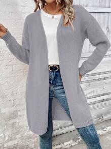 EMERY ROSE 纯色长袖开衫，女士春秋休闲落肩披肩领常规版型灰色纯色女士开衫，休闲日常穿着 - 灰色 - 查看 6