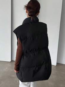 DAZY Women's Winter Casual Solid Color Stand Collar Drawstring Waistcoat Padded Coat , Black Vest ,Winter Women Clothes,Winter Coat Women Jacket - Black - View 4