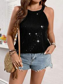 Rometta Plus Size Sparkly Halter Neck Blouse