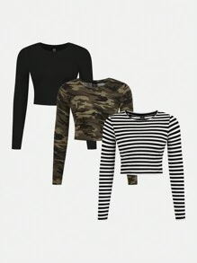 SHEIN EZwear 3 件装休闲条纹迷彩设计圆领长袖短款上衣 T 恤女款，适合秋季 - 彩色 - 查看 1