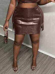 Slaydiva New Sexy Mini Metal Zipper Slit Faux Leather Stretchy Plus Size Women Skirt - Brown - View 4