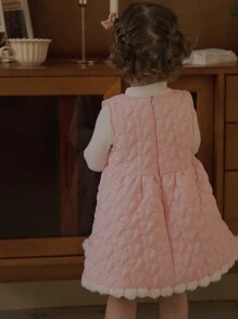 女婴棉服外套、绗缝心形图案连衣裙、保暖内衬服装、冬季 - 粉色 - 查看 2