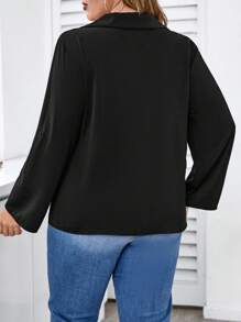 SHEIN LUNE Damen Große Größen Hemd Einfarbig mit Umlegekragen und Knopfmanschetten, Schwarz - Schwarz - View 2