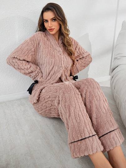 Women's Pocket Bow Decor Jacquard Fleece Cardigan And Pants Fluffy Pajama Set, Fall Winter Clothes