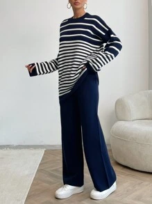 EURMUSE Women Irregular Stripe Pattern Round Neck Drop Shoulder Pullover & Sweater Pants Set - Navy Blue - View 6