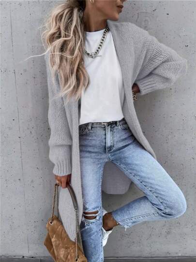 EMERY ROSE Solid Color Long Sleeve Cardigan,Ladies Spring/Fall Casual Drop Shoulder Shawl Collar Regular Fit Grey Plain Women Cardigans,Casual Daily Wear