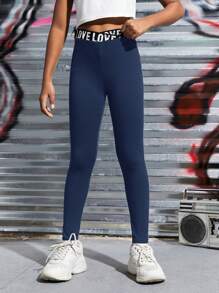 SHEIN Tween Girls S Knit Patchwork Letter Print Elastic Waist Casual Sweatpants