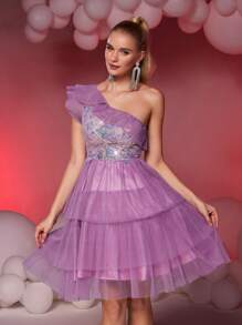 SHEIN Belle Elegante e luxuoso vestido roxo de um ombro plissado em malha contrastante com lantejoulas maxi em linha A, adequado para casamento, festa, formatura, baile de formatura, vestido semiformal, para aniversário, convidado de casamento, baile de formatura - Roxa - Ver 4