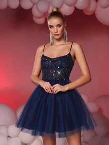 SHEIN Belle Elegant Luxurious Navy Blue Mesh Floral Sequined Oversized A-Line Dress Suitable For Wedding, Bachelorette Party, Vacation, Prom, Gala (Heavy Embellished)