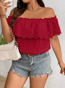 SHEIN Clasi Plus Size Women's Off-Shoulder Ruffle Collar Red Elegant Blouse, Suitable For Summer Vacation - Burgundy - View 5