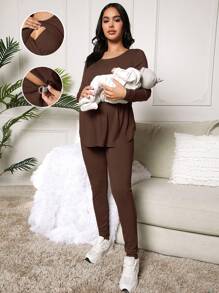 SHEIN 圆领长袖纯色休闲哺乳上衣和紧身裤套装，适合孕妇 - 棕色 - 查看 1