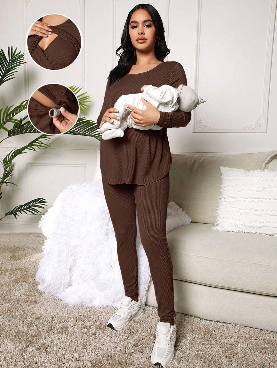 SHEIN 圆领长袖纯色休闲哺乳上衣和紧身裤套装,适合孕妇 - 棕色 - 查看 1