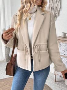 Chiquease Casual Loose Drawstring Woolen Women's Jacket - Apricot - View 4