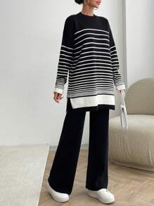 EURMUSE Women Irregular Stripe Pattern Round Neck Drop Shoulder Pullover & Sweater Pants Set - Black and White - View 1