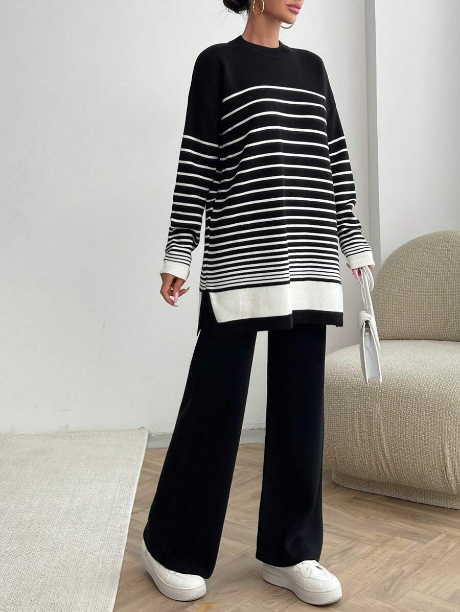 EURMUSE Women Irregular Stripe Pattern Round Neck Drop Shoulder Pullover & Sweater Pants Set - Black and White - View 1