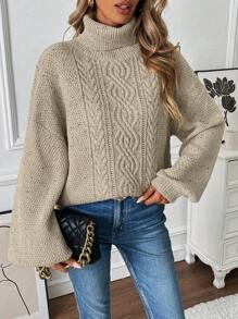 SHEIN LUNE Solid Color High Collar Cable Knit Casual Long Sleeve Sweater, Knit Pullover Fall Winter - Apricot - View 4