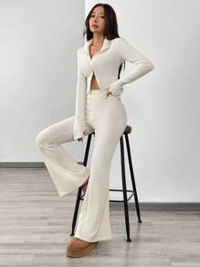 SHEIN EZwear Damen gestrickter Freizeitanzug in Aprikotfarbe, zweiStücke Outfit-Set für den Herbst - Aprikosenfarben - Übersicht 4