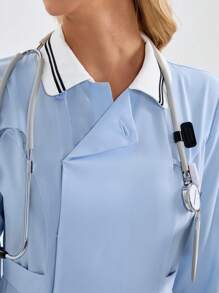 TaskEZ Striped Design Long Sleeve Fitted Healthcare Uniform Scrub Top With ID Badge Holder - Blue and White - View 6