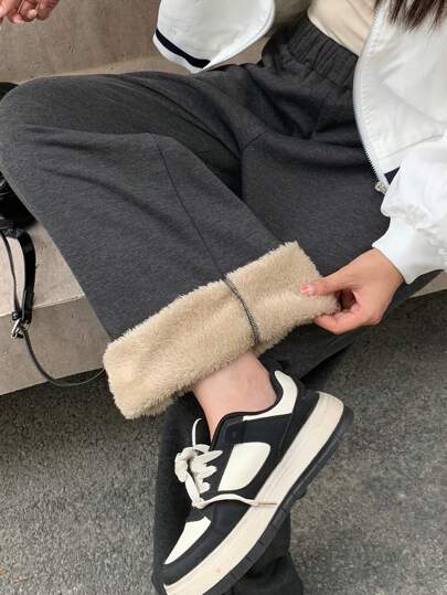 DAZY 女士纯色弹力腰休闲宽松直筒保暖裤，适合秋冬季穿着