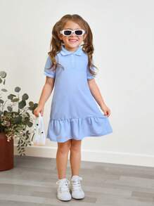 SHEIN Vestido de mezcla de colores con cuello alto cómodo y casual para niña joven con costilla de unicolor - Celeste - Ver 1