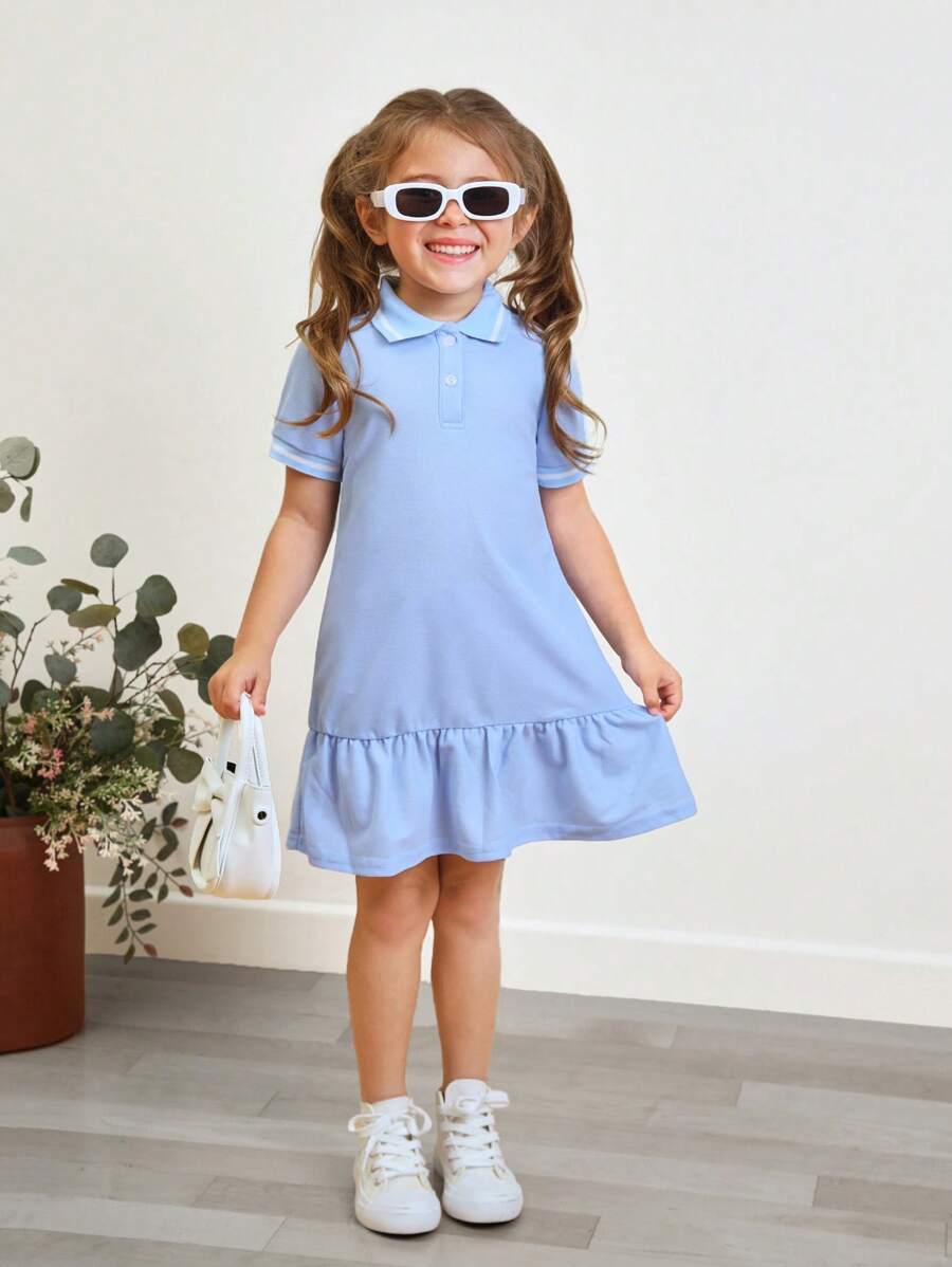 SHEIN Vestido de mezcla de colores con cuello alto cómodo y casual para niña joven con costilla de unicolor - Celeste - Ver 1