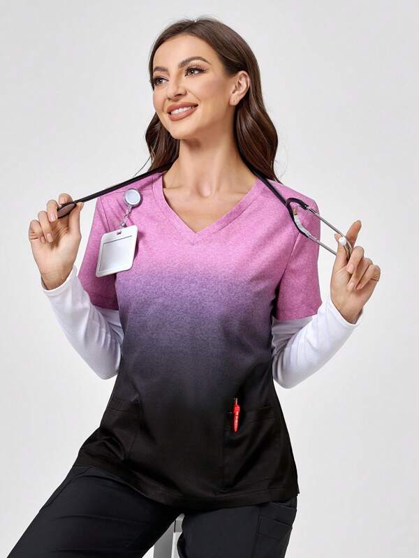 TaskEZ Blusa ajustada de manga larga con cuello en V y degradado, uniforme de enfermería con estilo