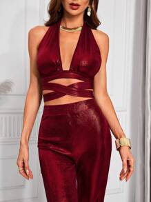 Zolique 2pcs Set Of Sexy Solid Color Backless Halter Neck Top And Pants, Summer - Burgundy - View 7