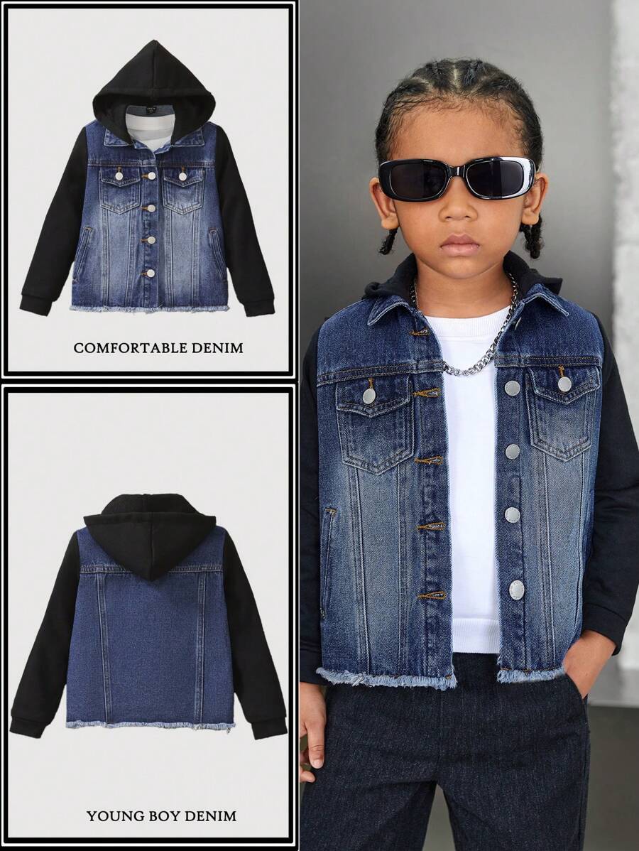 SHEIN Áo khoác rộng thùng thình màu đen thời trang thường ngày cho bé trai, có mũ, tay dài, phối denim xanh, thích hợp mặc hàng ngày. - Nhiều màu - Xem 1
