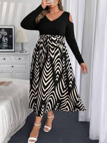 Celure Plus Size V-Neck Long Sleeve Black Patchwork Floral Print Dress Fall Cloth For Women