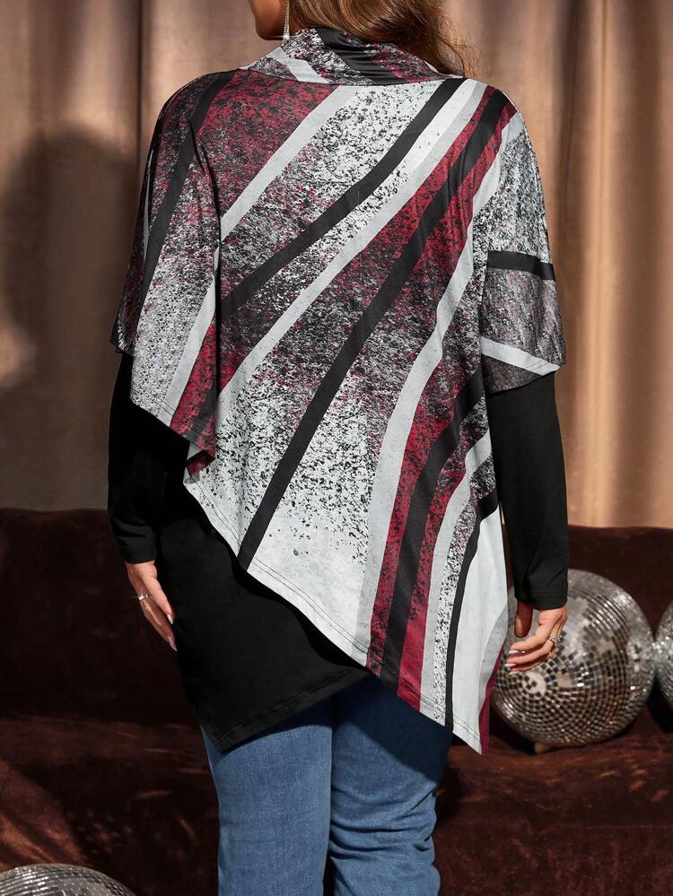 T-shirt col roulé pour femmes de grande taille en patchwork et couleurs contrastées avec ourlet asymétrique, vêtements d'automne