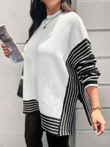 SHEIN Frenchy 大码女式撞色毛衣 - 米色 - 查看 1