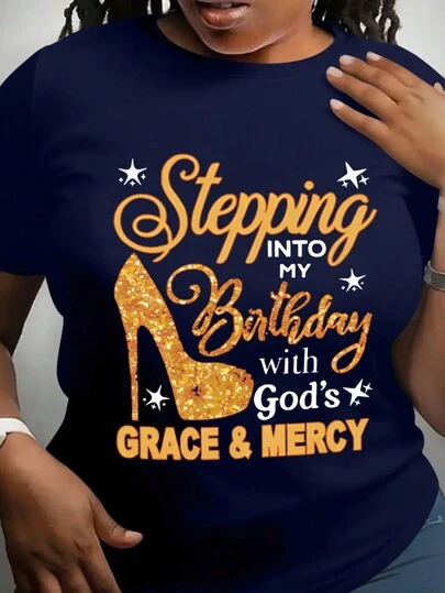 Calvaya Plus Size Round Neck Short Sleeve Letter Print Casual T-Shirt Graphic Tees Women Tops