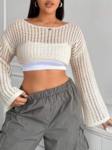 SHEIN EZwear 大码休闲纯色镂空针织短款毛衣，春夏 - 米色 - 查看 3