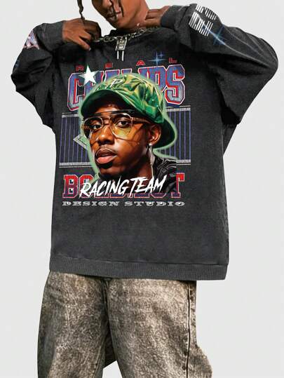 Street Life Men Vintage Style Figure Graphic Crew Neck Pullover Sweatshirt, School