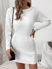 SHEIN LUNE Robe-pull côtelé près du corps à col rond oversize à manches longues pour automne/hiver pour femmes