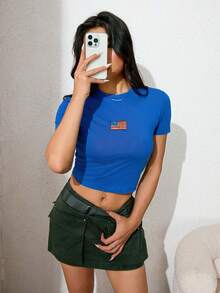 Muito Cool 蓝色休闲简约美国国旗印花圆领短袖修身短款女式 T 恤，适合夏季和秋季 - 藏蓝色 - 查看 8