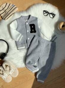 SHEIN Bộ 2 món/bộ quần áo bóng chày thời trang dễ thương, thể thao & phong cách học đường, đa năng, thoải mái cho bé trai, phù hợp mặc vào mùa thu đông, lót nhiệt, dày dặn - Xám - Xem 3