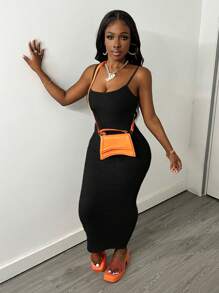 Slaydiva Vestido Casual de Rua Sexy Básico Cinza Canelado com Alças Finas para Mulheres - Preto - Visão 7
